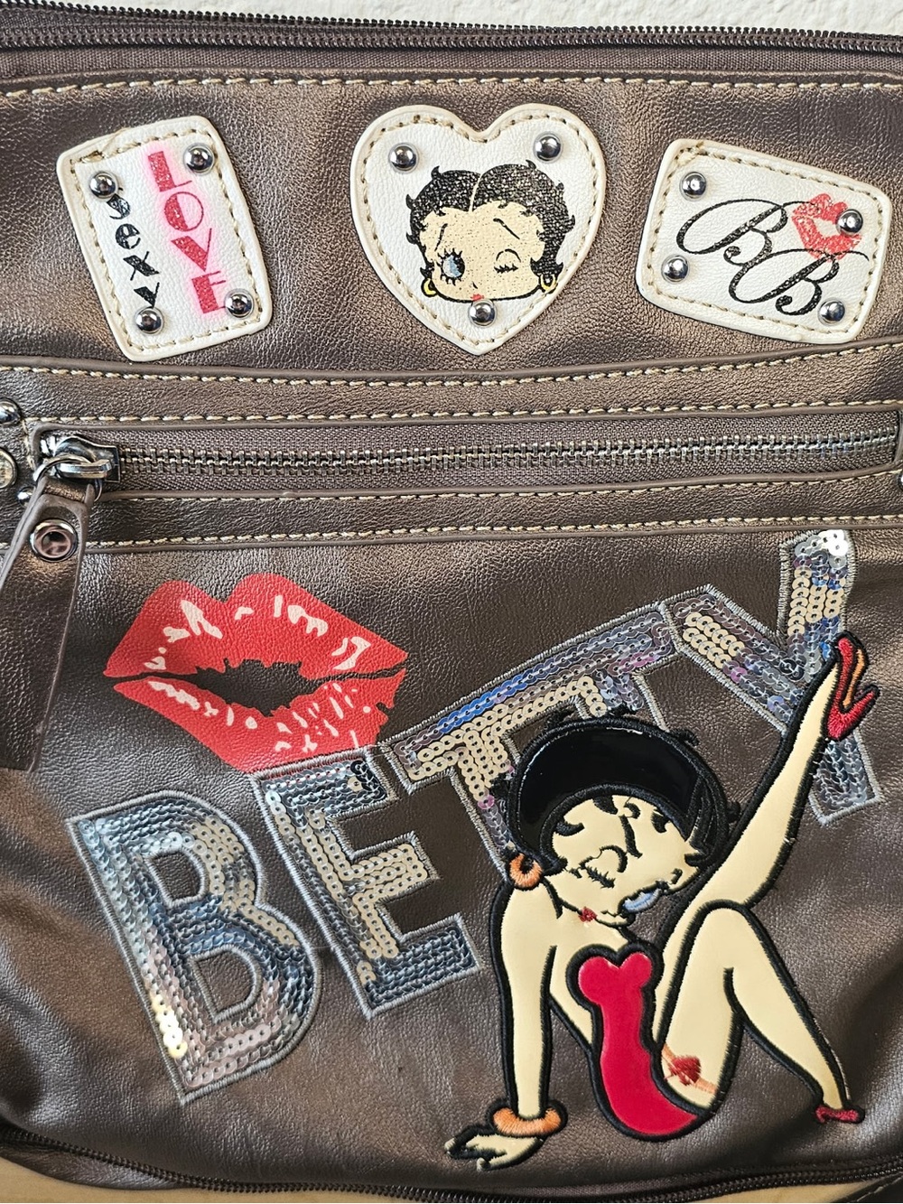 Betty Boop Embellished Brown Crossbody Bag